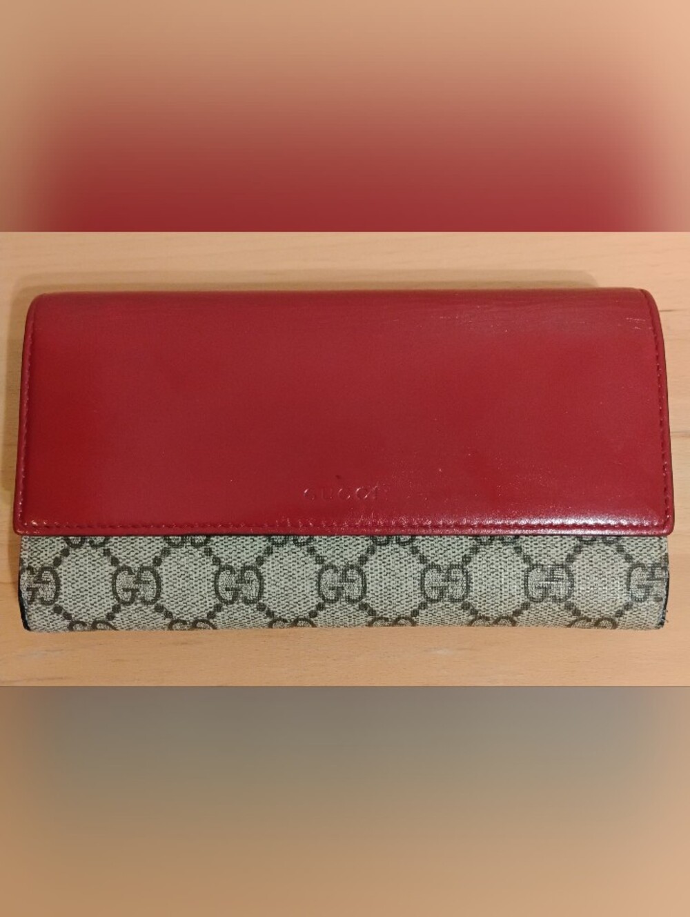 GUC Gucci Continental Wallet - Red Leather, GG Canvas, Dusty Pink Interior
